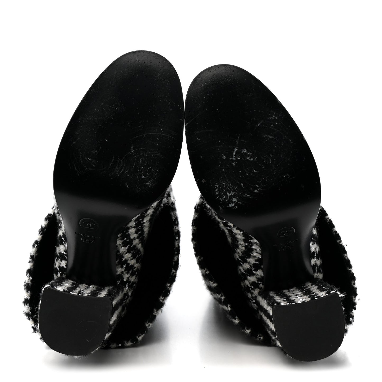 Tweed Sequin Velvet Cap Toe Fold Over High Boots 38.5 White Black