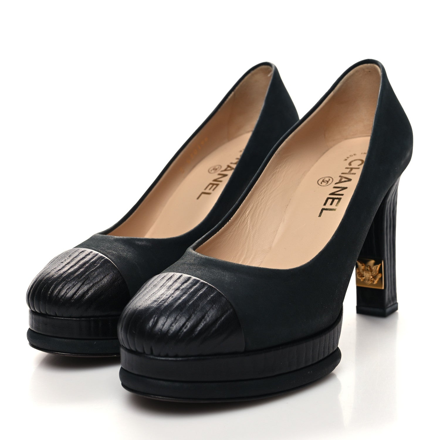 Chanel Wax Suede Wood Pumps 38 Black Brown 3 of 9