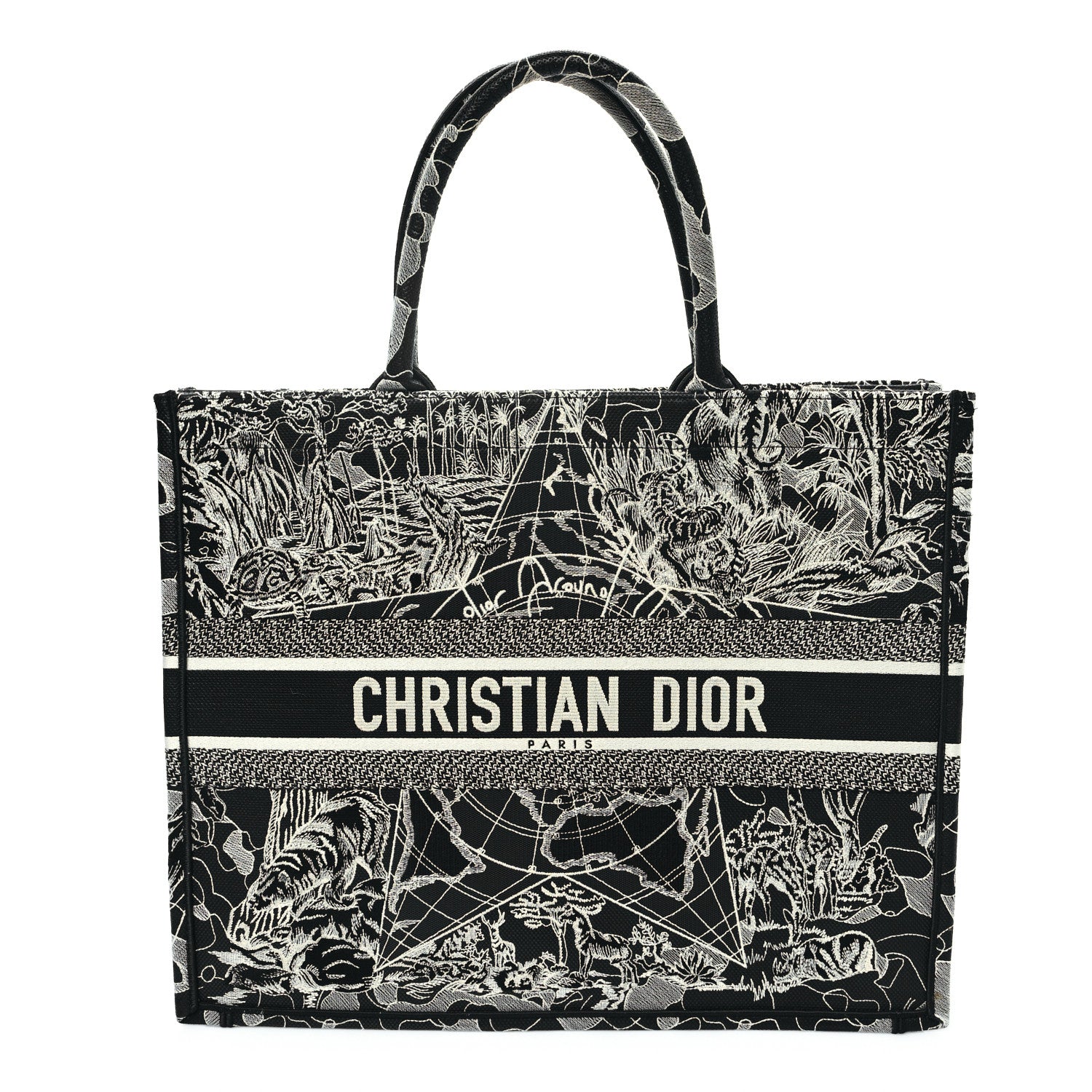 Christian Dior Canvas Embroidered Large Around The World Book Tote Black White 1 of 14