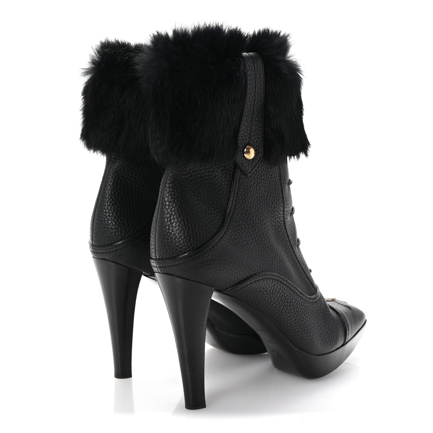 Grained Calfskin Fur Platform Ankle Boots 37.5 Black