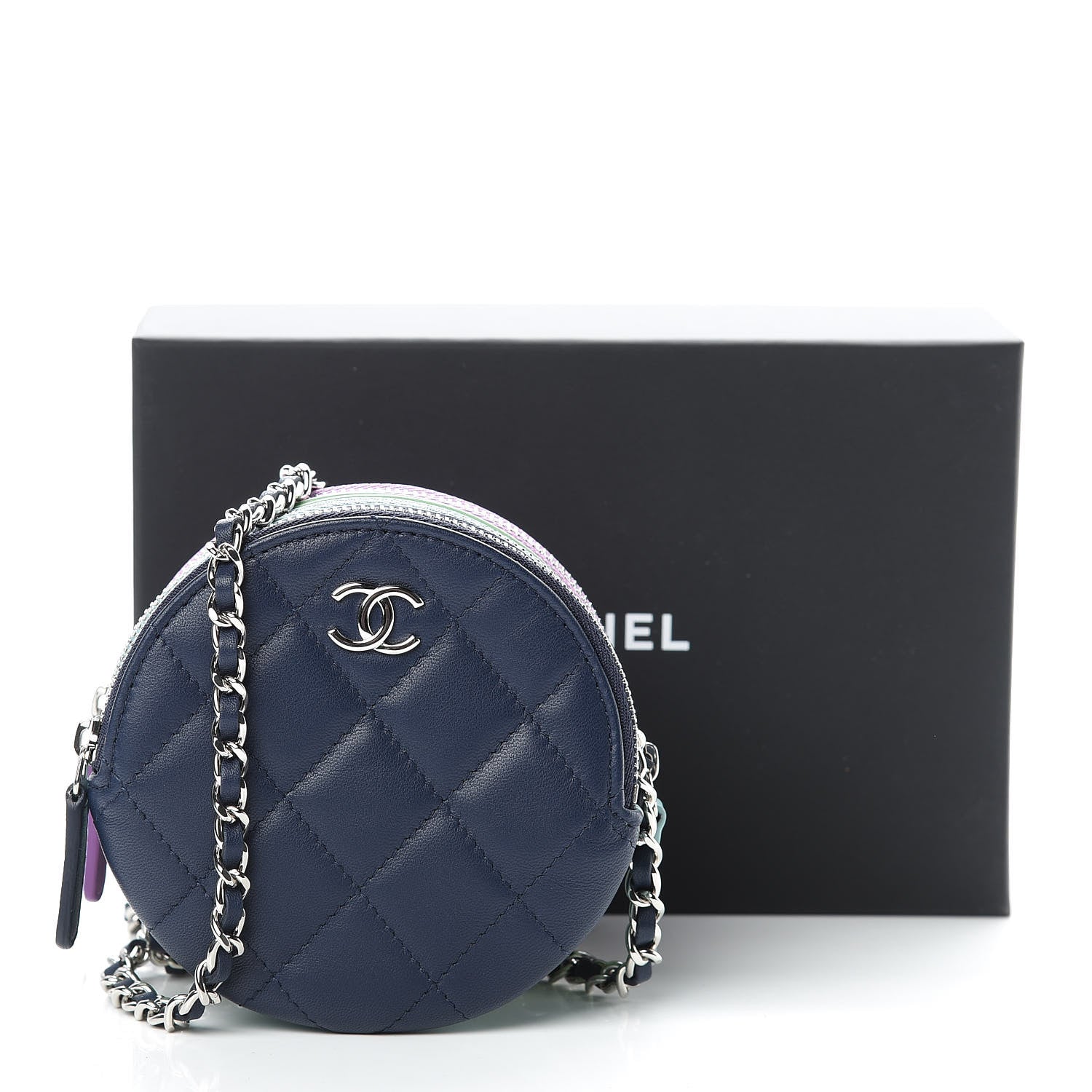Chanel Lambskin Quilted Round Clutch With Chain Navy Blue Green Purple 11 of 11
