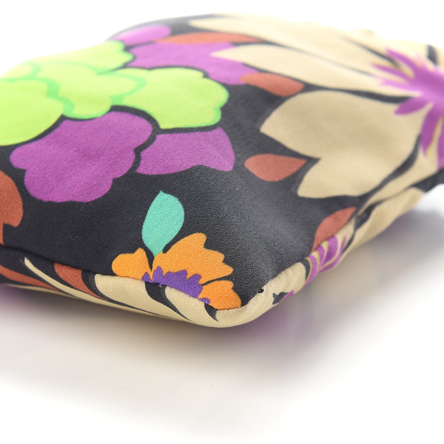 Satin Floral Print Mini Pochon Drawstring Pouch Black Multicolor