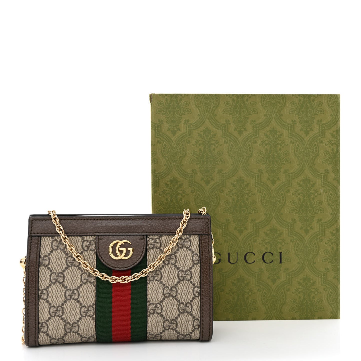 GG Supreme Monogram Textured Dollar Calfskin Web Mini Ophidia Chain Shoulder Bag Beige Ebony New Acero