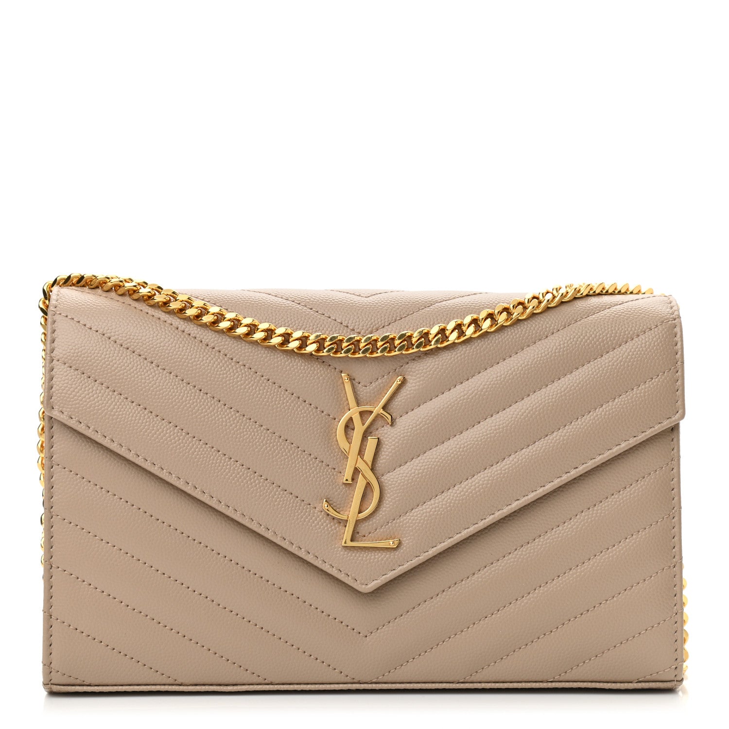 Saint Laurent Grain De Poudre Matelasse Chevron Monogram Chain Wallet Dark Beige 1 of 7