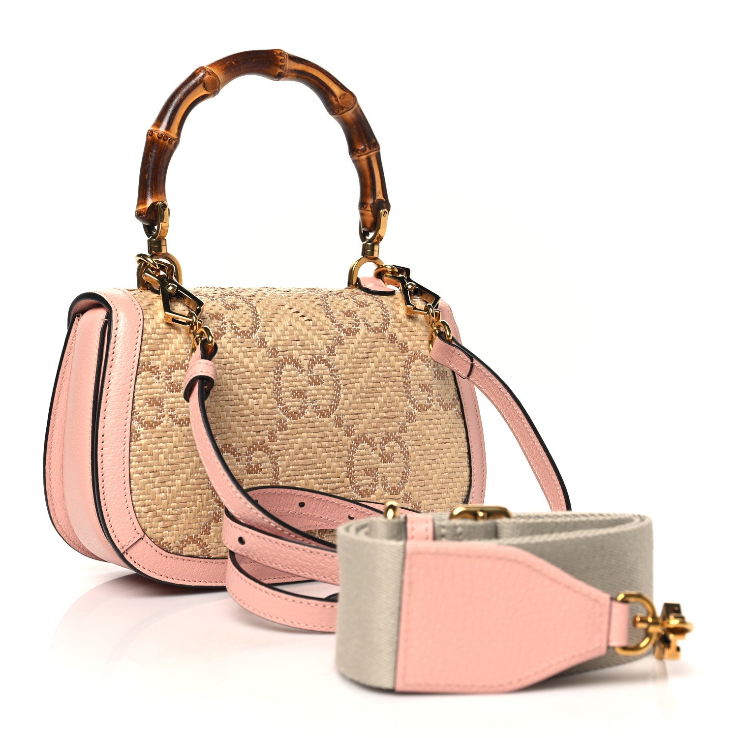 Gucci Raffia Textured Dollar Calfskin GG Monogram Small Bamboo 1947 Top Handle Bag Wild Rose Natural 3 of 10