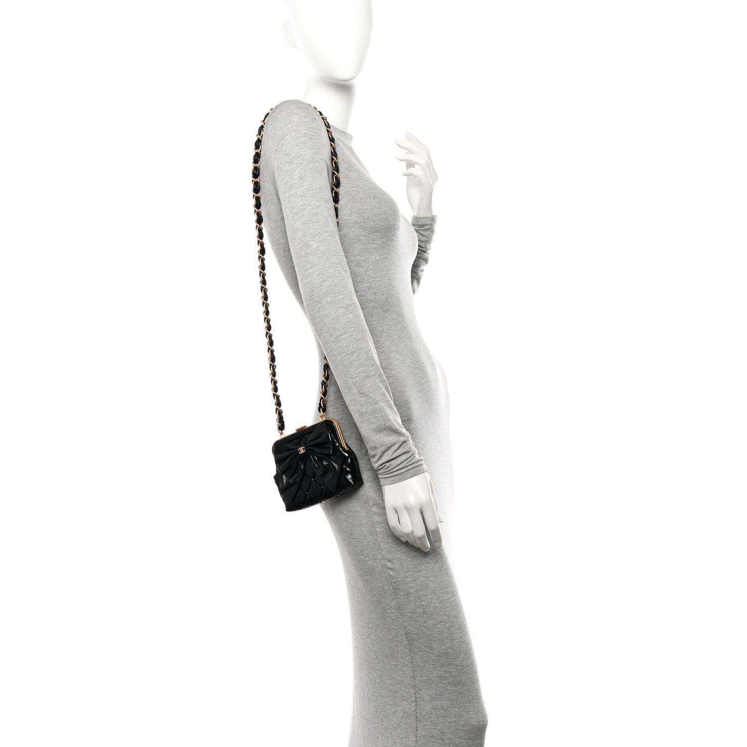 Chanel Patent Crumpled Lambskin Quilted Maxi Bow Clutch With Chain Black 2 of 11