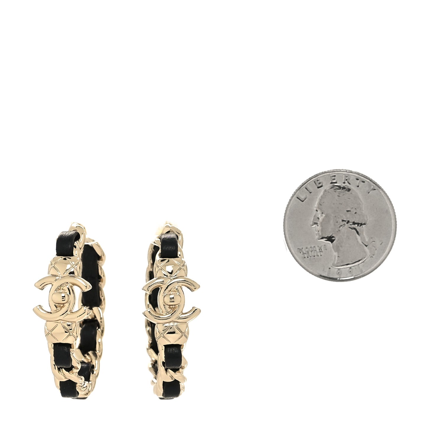 Metal Lambskin Quilted CC Turnlock Chain Hoop Earrings Gold Black