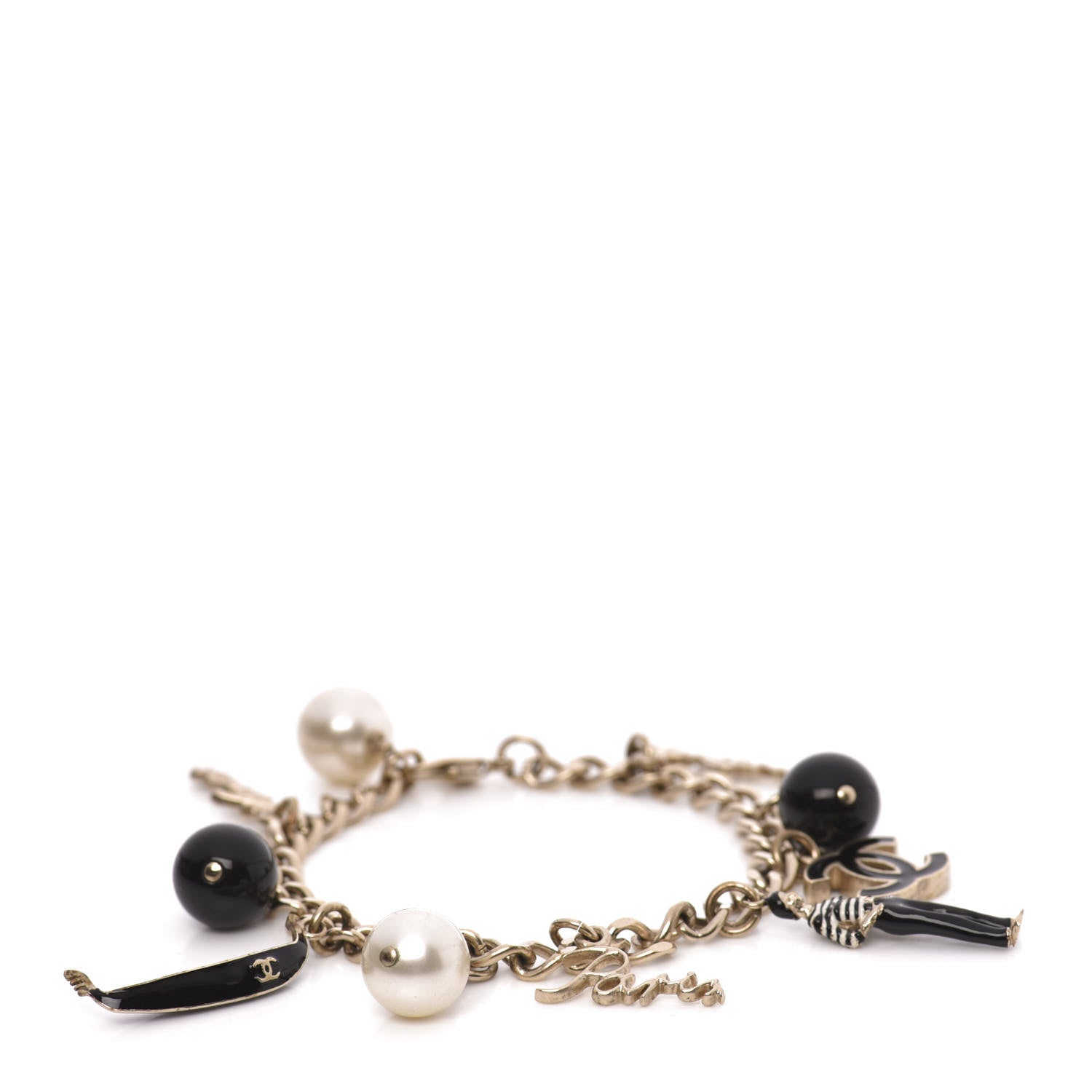 Chanel Pearl Bead CC Venice Charm Bracelet Black Gold 1 of 4