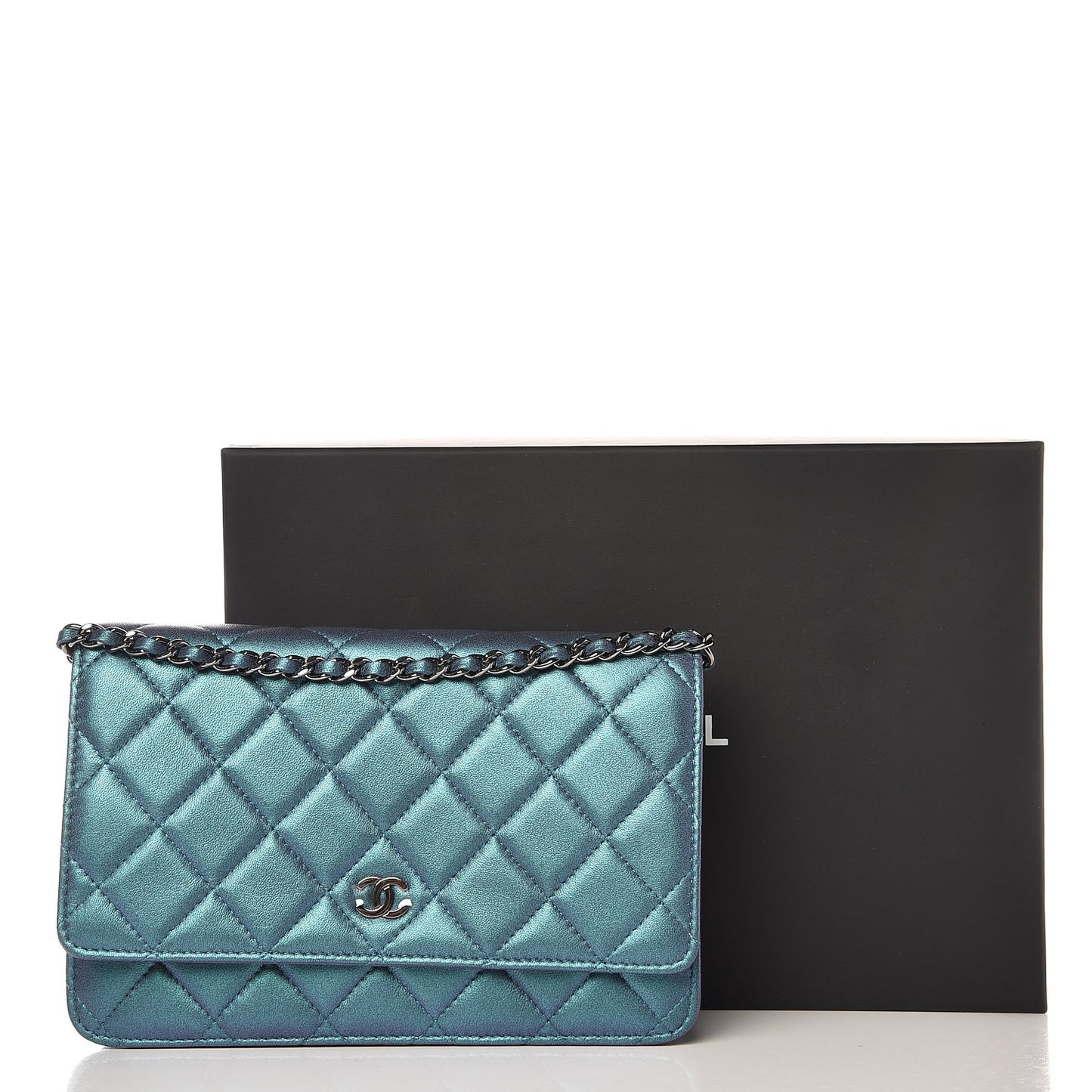Iridescent Lambskin Quilted Wallet On Chain WOC Turquoise