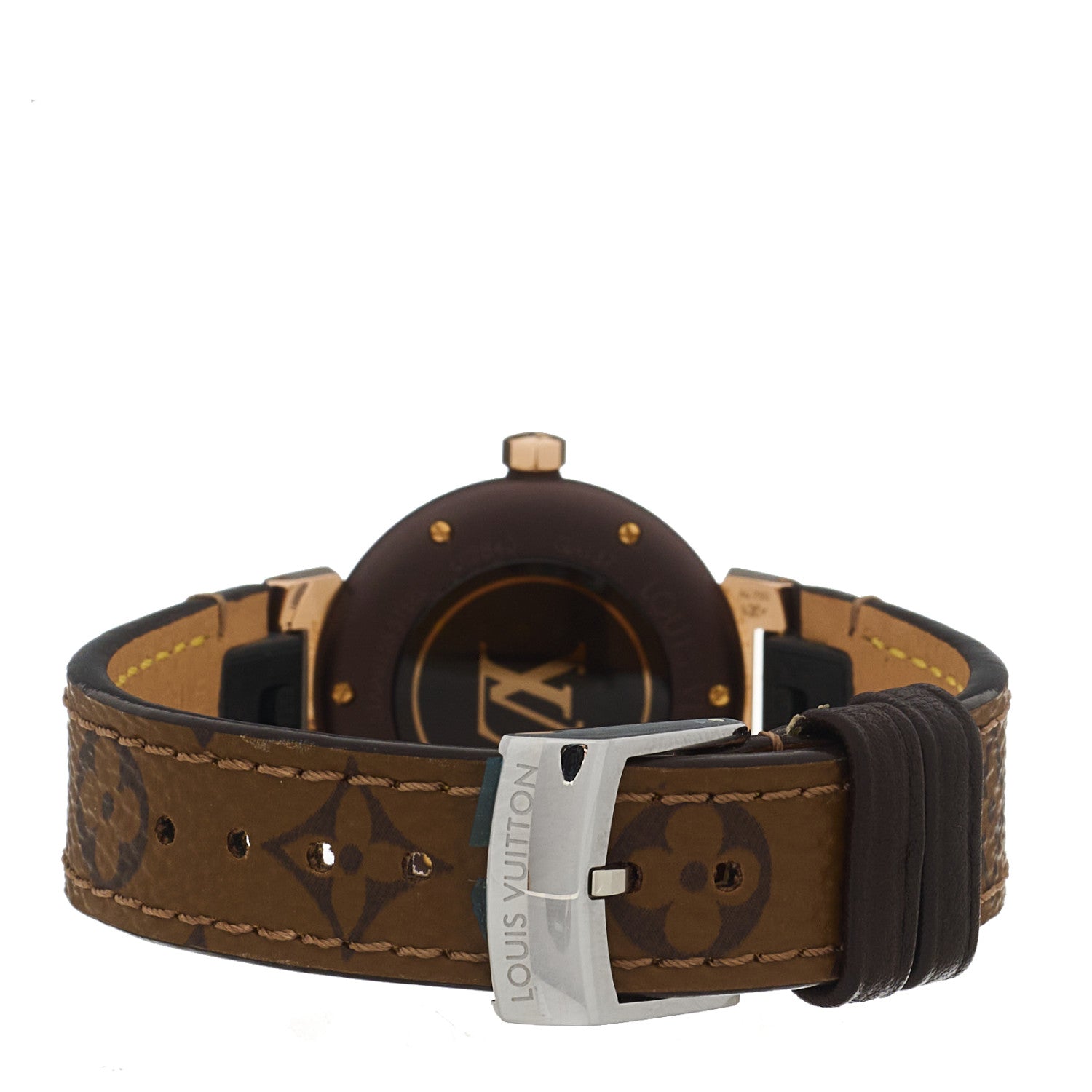 Louis Vuitton Stainless Steel 18K Rose Gold Monogram 28mm Tambour Quartz Watch Brown 3 of 5