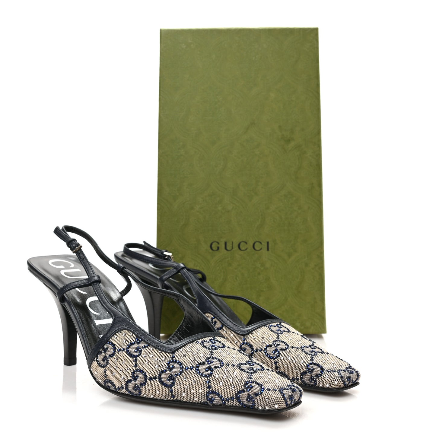 GG Monogram Malaga Kid Crystal Square G 75mm Slingback Pumps 39 Beige Blue