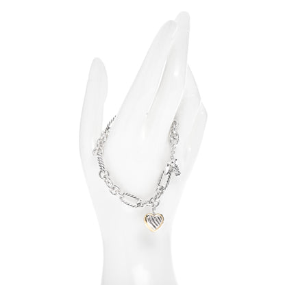 David Yurman Sterling Silver 18K Yellow Gold Cable Heart Charm Bracelet 2 of 4