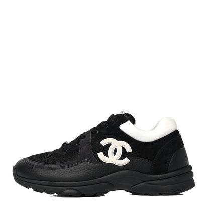 Chanel Mesh Suede Grained Calfskin Womens CC Sneakers 39.5 Black White 1 of 7