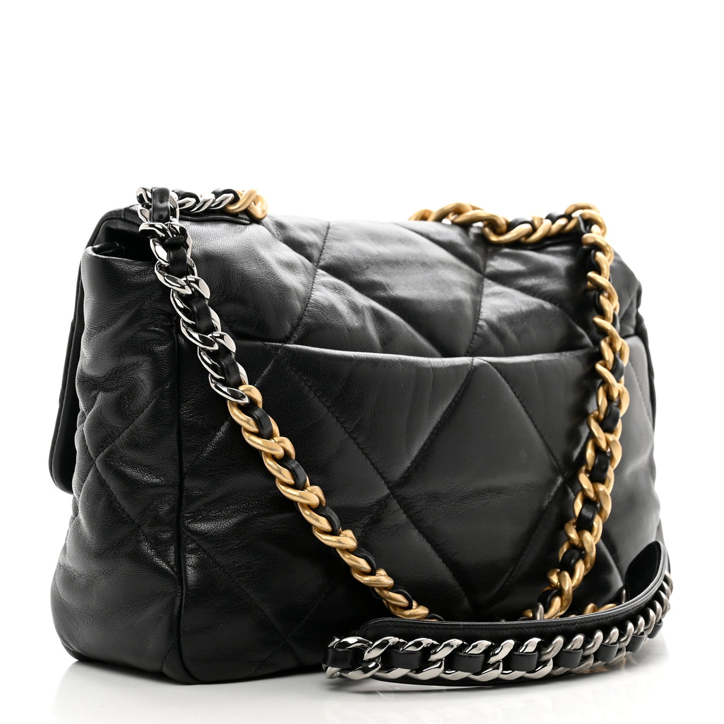 Shiny Goatskin Quilted Large Chanel 19 Flap Black