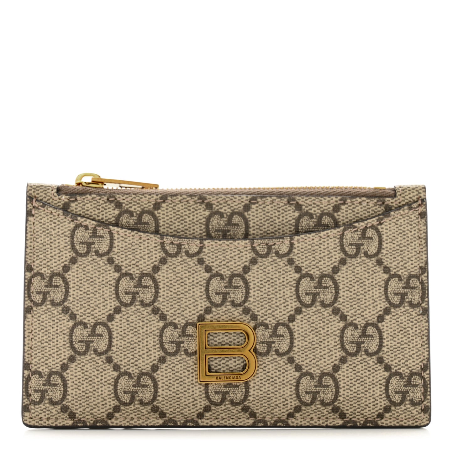 X BALENCIAGA GG Supreme Monogram Zip Card Case Beige Ebony