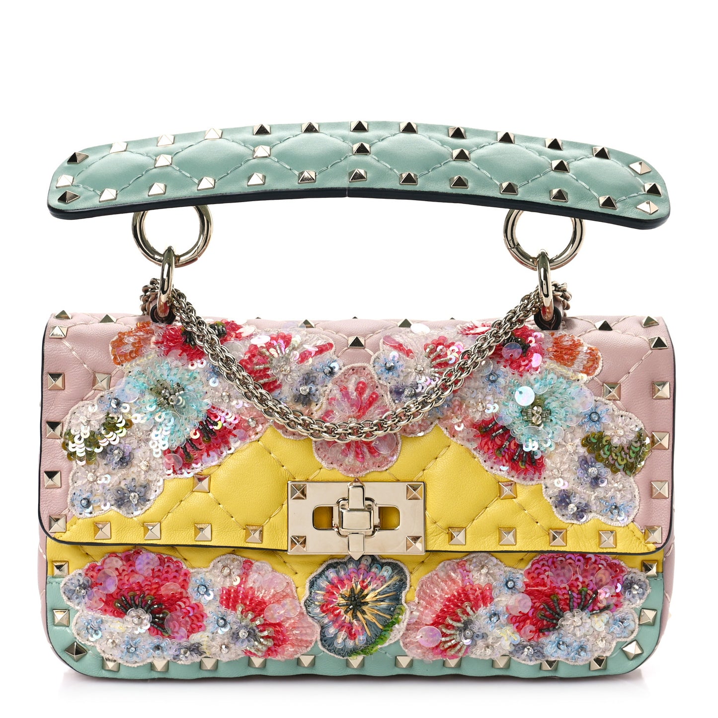 Nappa Sequin Flower Small Rockstud Spike Shoulder Bag Multicolor