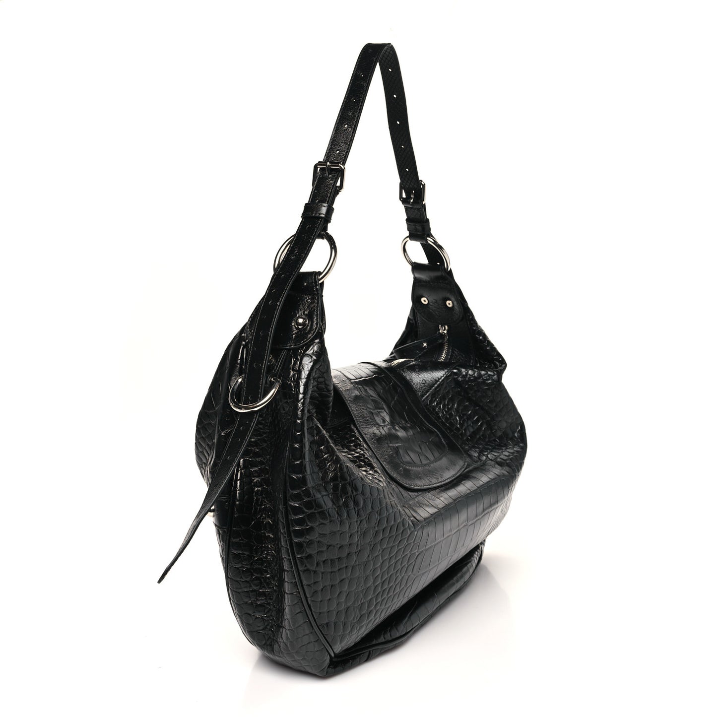 Shiny Calfskin Crocodile Embossed Essex Hobo Black
