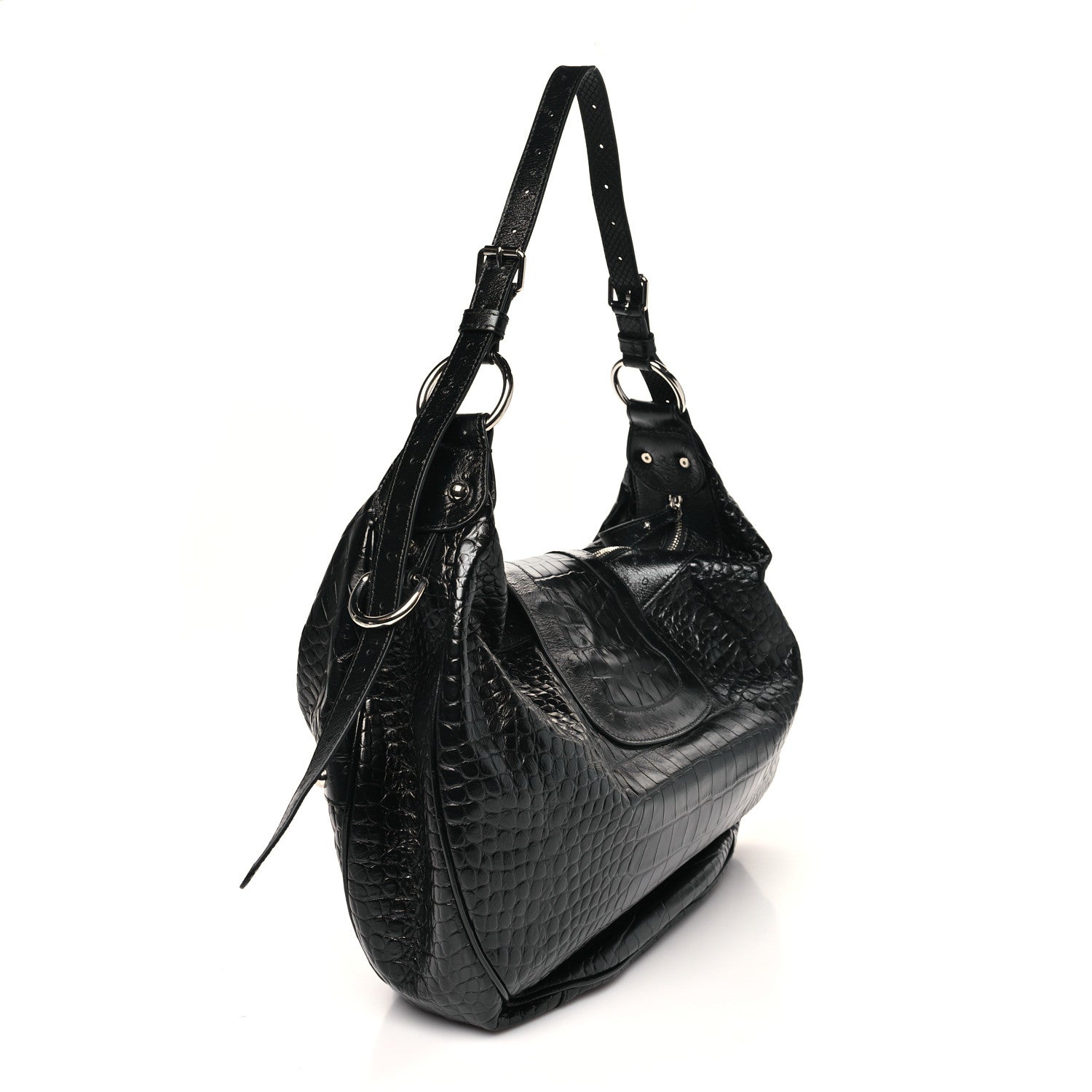 Balenciaga Shiny Calfskin Crocodile Embossed Essex Hobo Black 3 of 9