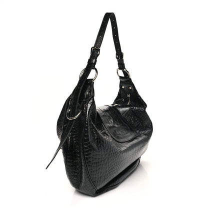Balenciaga Shiny Calfskin Crocodile Embossed Essex Hobo Black 3 of 9