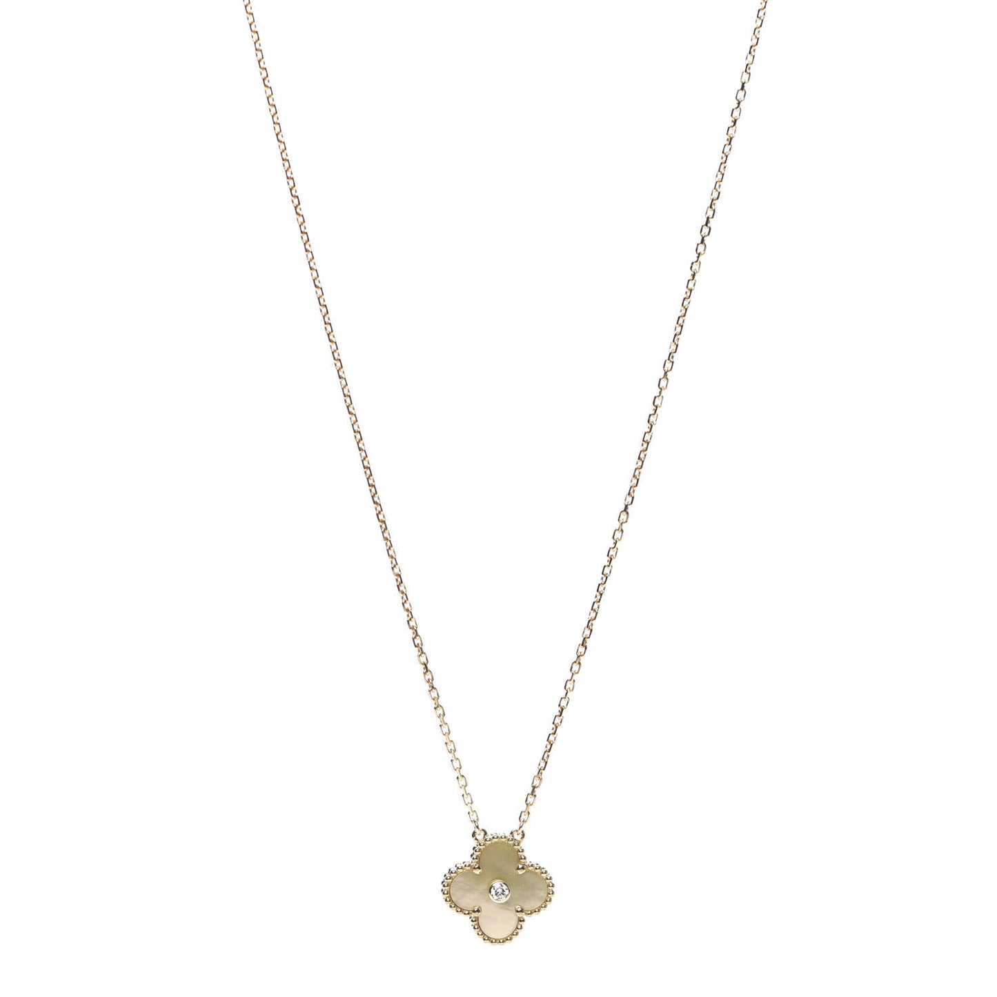 18K Yellow Gold Diamond Yellow Mother of Pearl Vintage Alhambra Pendant Necklace