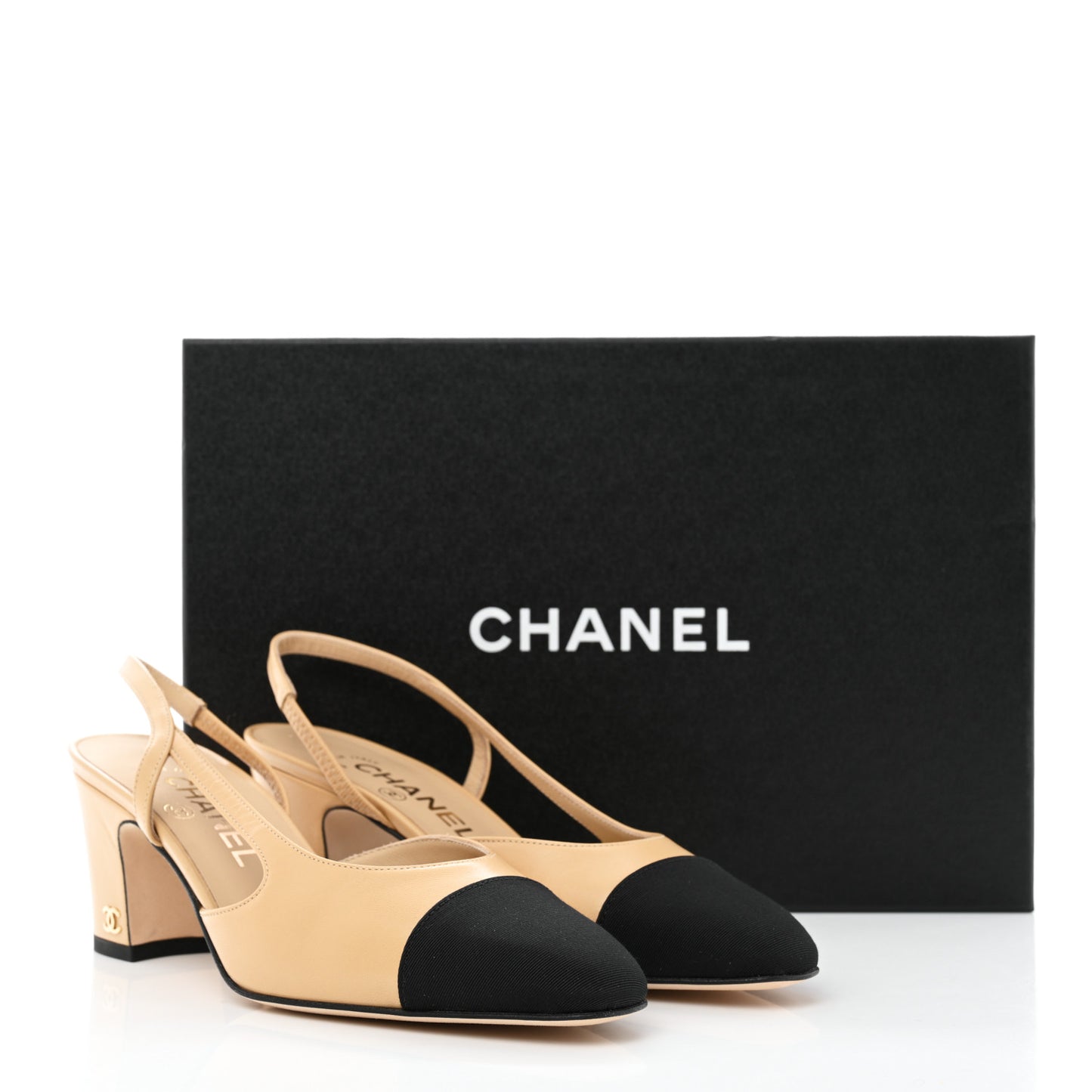 Goatskin Grosgrain Cap Toe CC Slingback Pumps 36.5 Beige Black