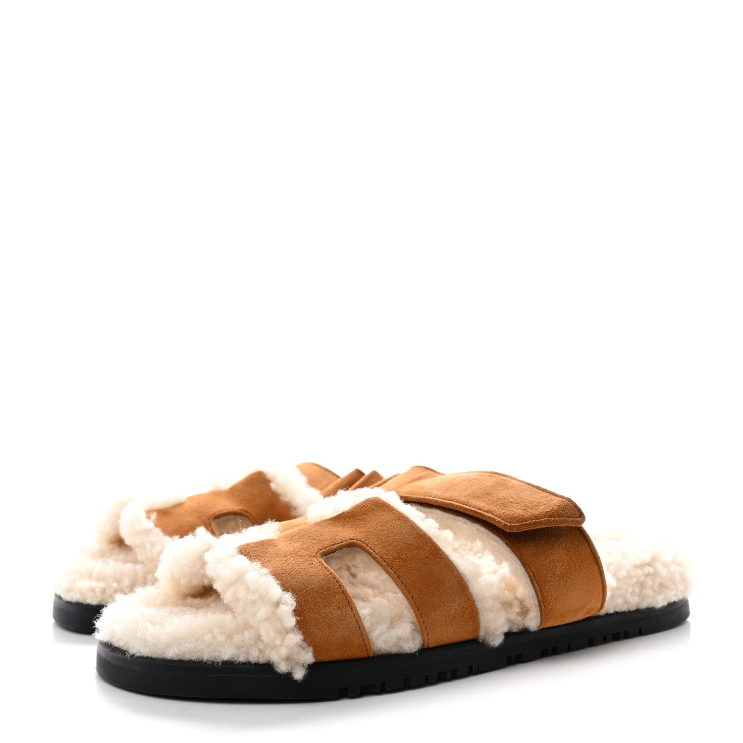 Hermes Suede Goatskin Woolskin Womens Chypre Sandals 37.5 Brun Fume Ecru 3 of 8