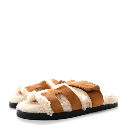 Hermes Suede Goatskin Woolskin Womens Chypre Sandals 37.5 Brun Fume Ecru 3 of 8