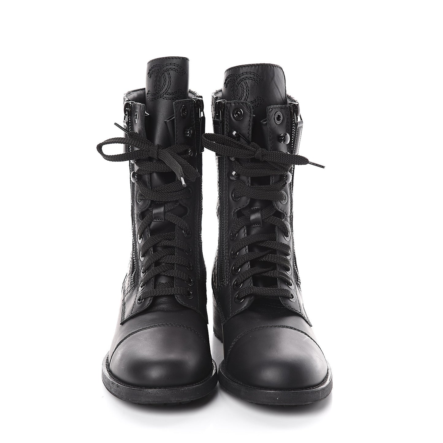 Calfskin Quilted CC Tall Lace Up Combat Boots 40 Black