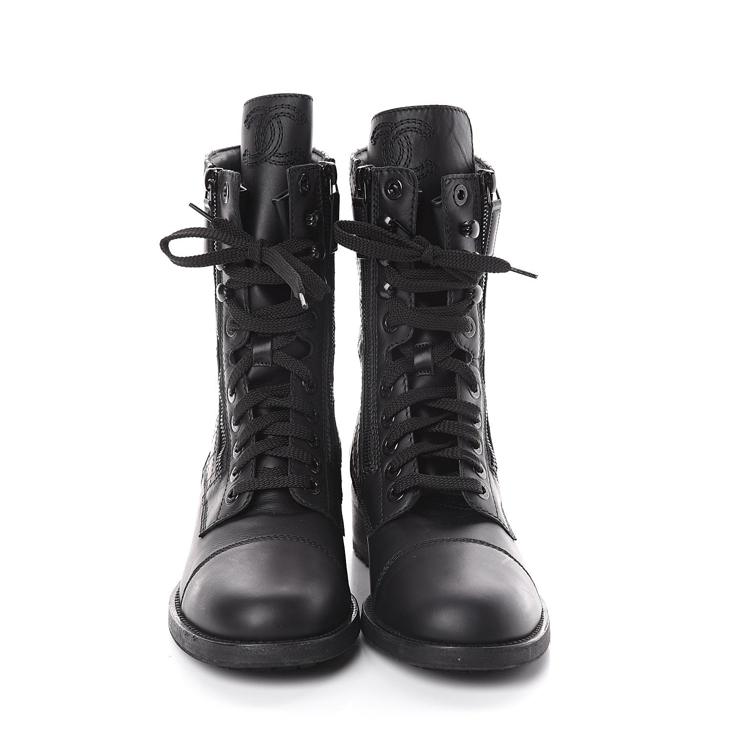 Chanel Calfskin Quilted CC Tall Lace Up Combat Boots 40 Black 2 of 6