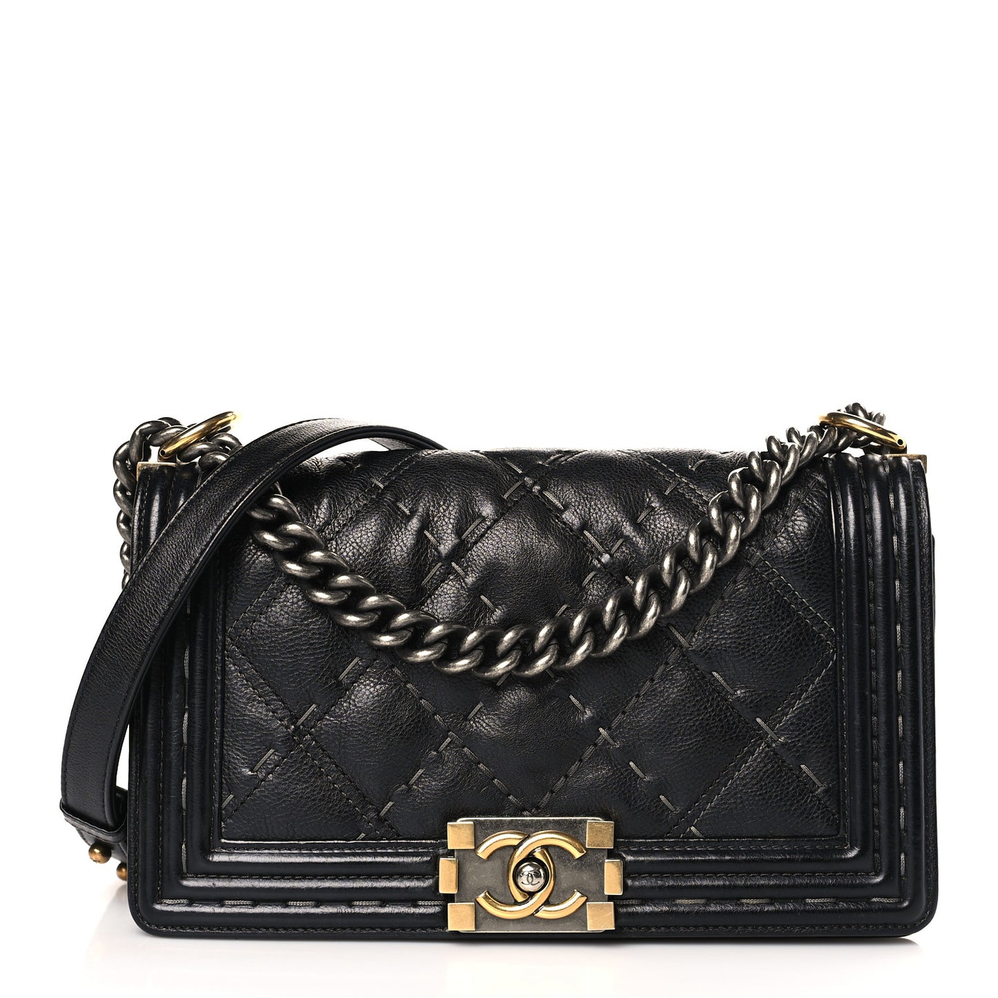 Calfskin Double Stitch Medium Boy Flap Black