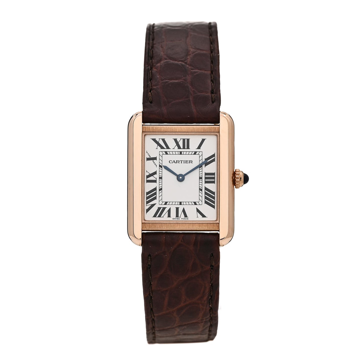 Stainless Steel 18K Pink Gold Alligator 24mm Tank Solo Quartz Watch Brown