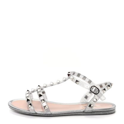 Valentino Garavani PVC Jelly Glitter Rockstud Caged Sandals 36 Silver 1 of 10