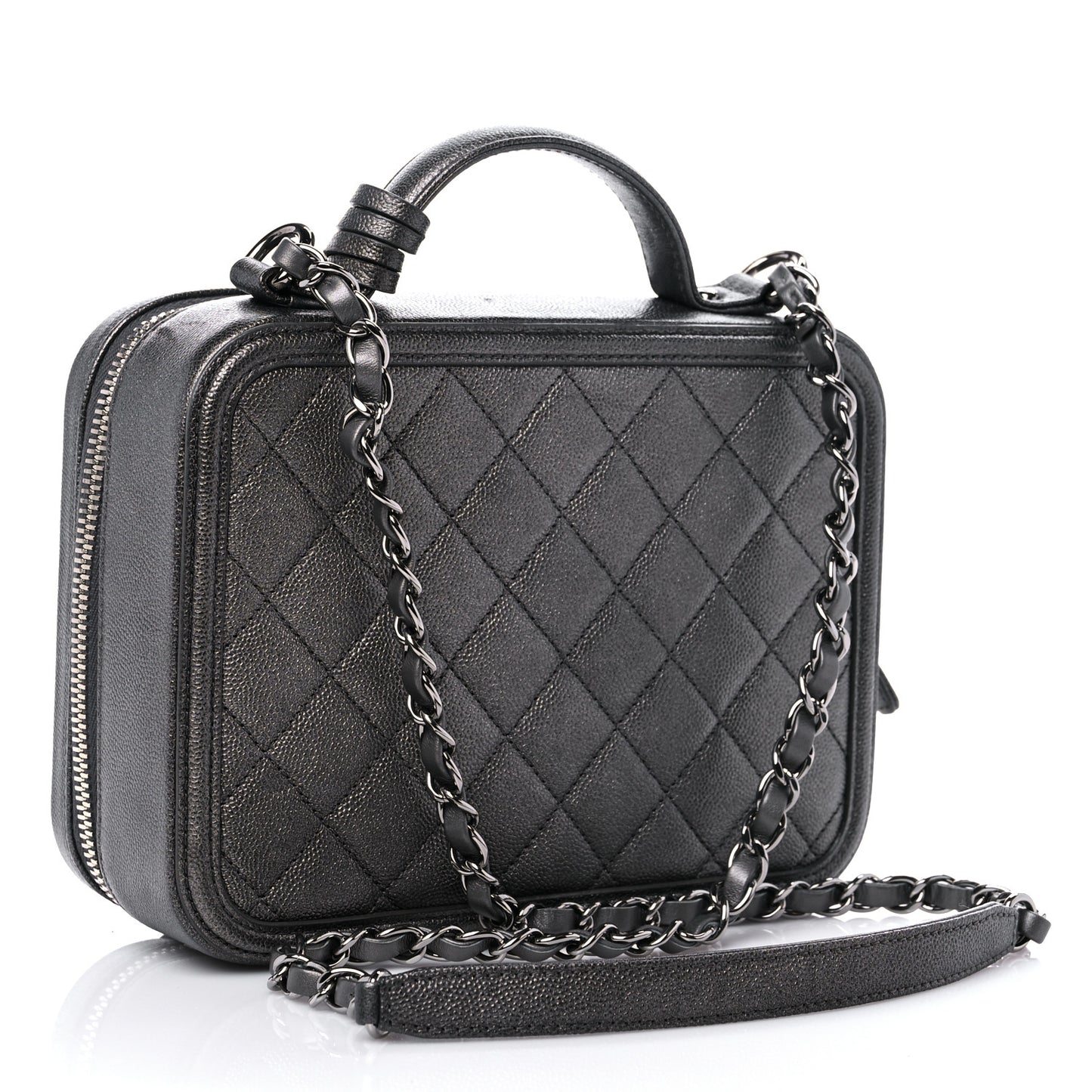 Metallic Caviar Quilted Medium CC Filigree Vanity Case Dark Silver