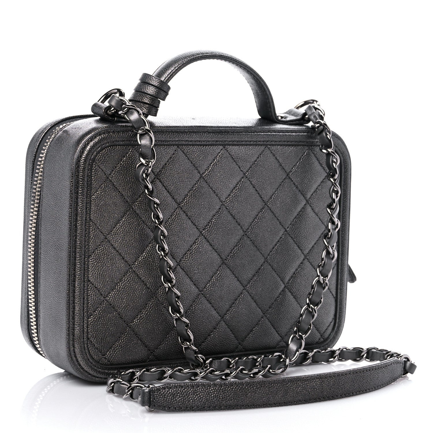 Chanel Metallic Caviar Quilted Medium CC Filigree Vanity Case Dark Silver 3 of 10