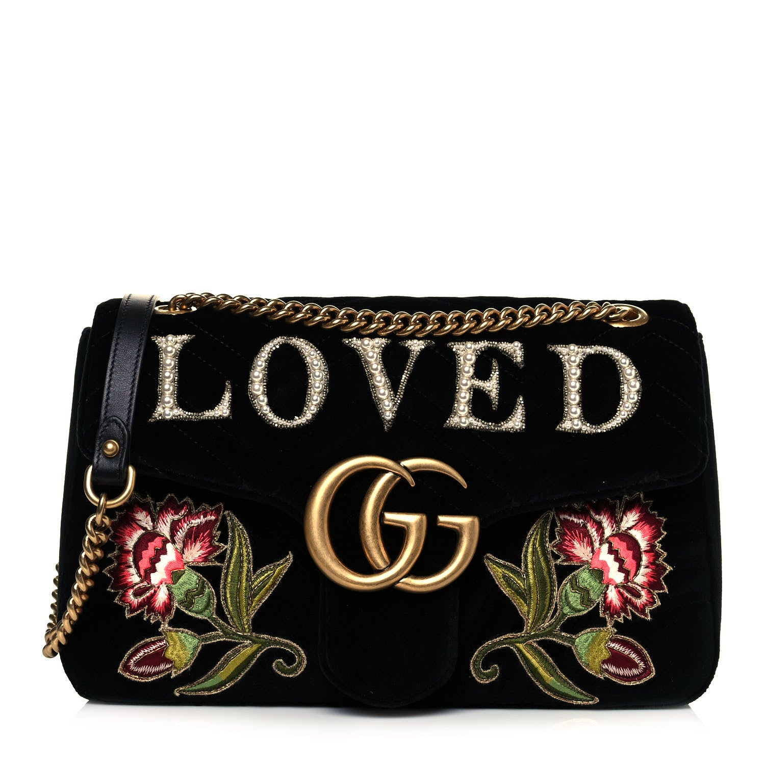 Gucci Velvet Matelasse Loved Embroidered Medium GG Marmont Shoulder Bag Black 1 of 11