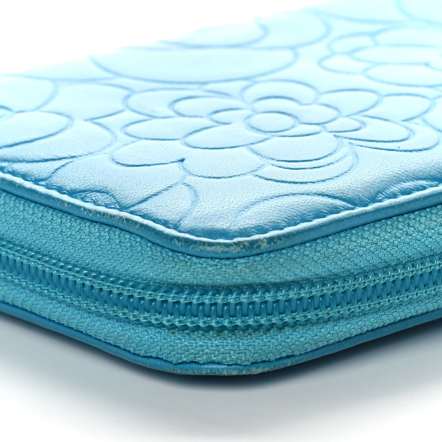 Lambskin Camellia Embossed Large Gusset Zip Around Wallet Blue