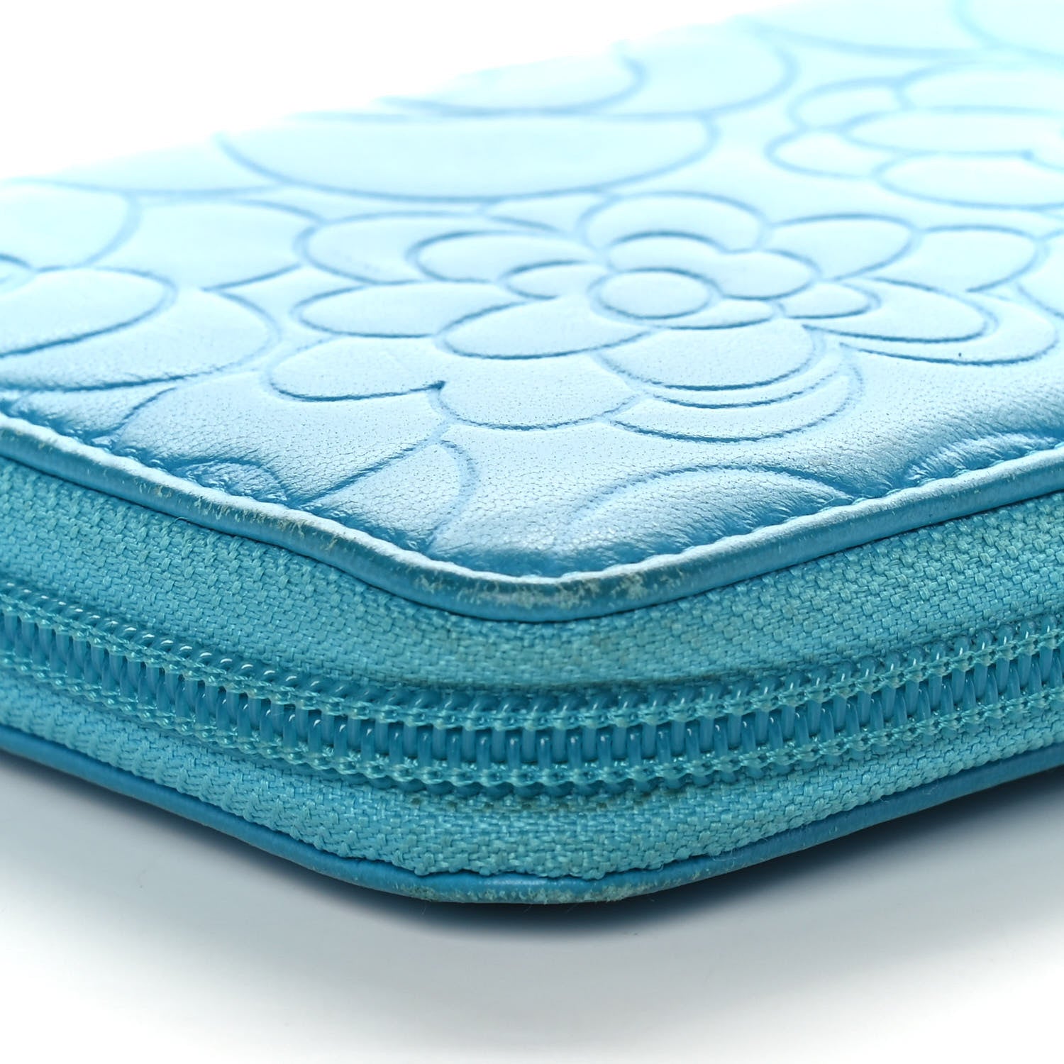 Chanel Lambskin Camellia Embossed Large Gusset Zip Around Wallet Blue 12 of 15