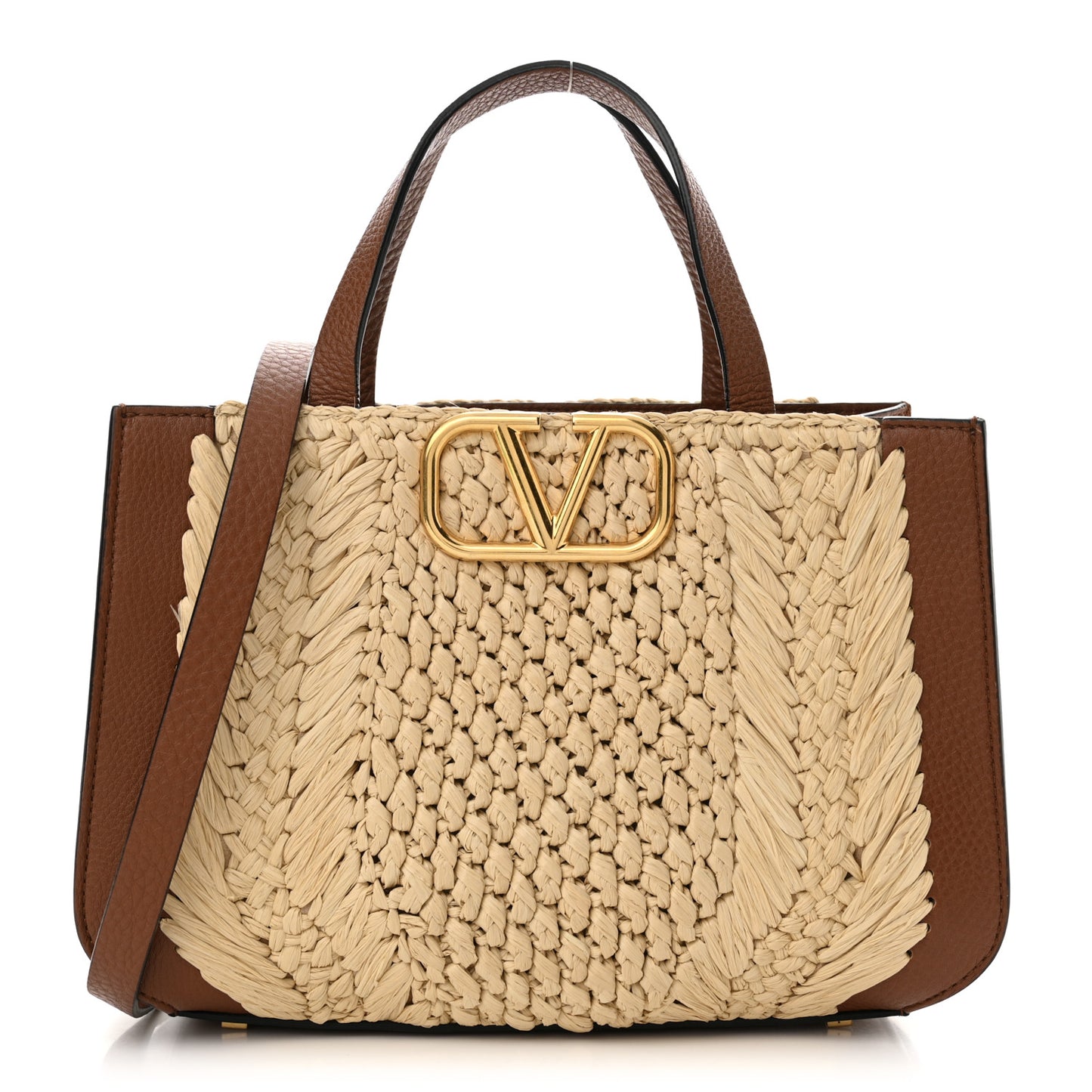 Raffia Calfskin Small Vlogo Signature Tote Natural Saddle Brown
