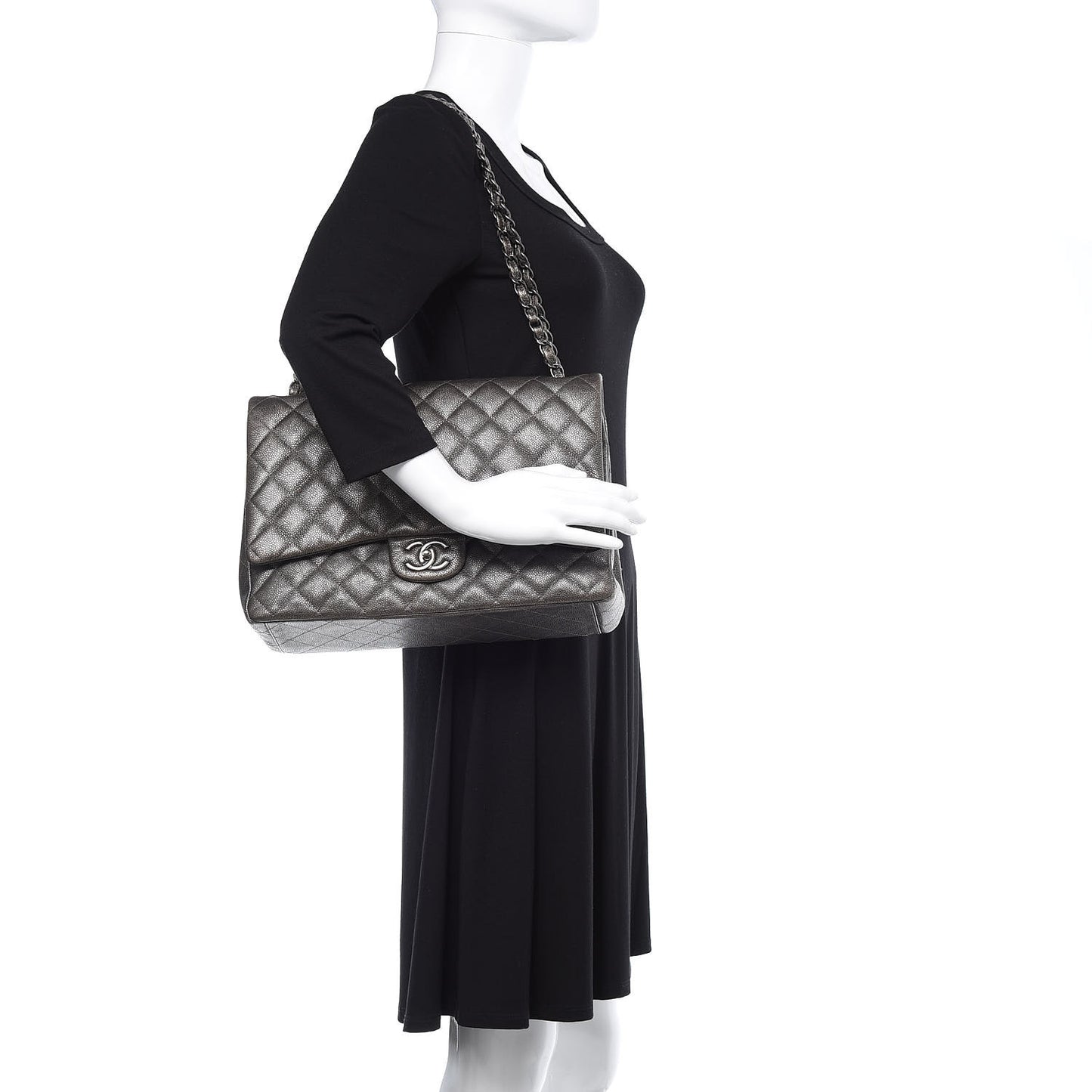 Metallic Caviar Quilted Maxi Double Flap Charcoal
