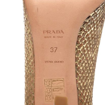 Prada Metallic Snakeskin Crystal Peep Toe Pumps 37 Gold 7 of 14