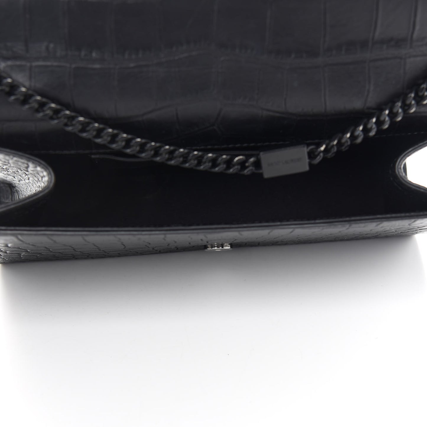 Calfskin Crocodile Embossed Medium Classic Monogram Kate Satchel Black
