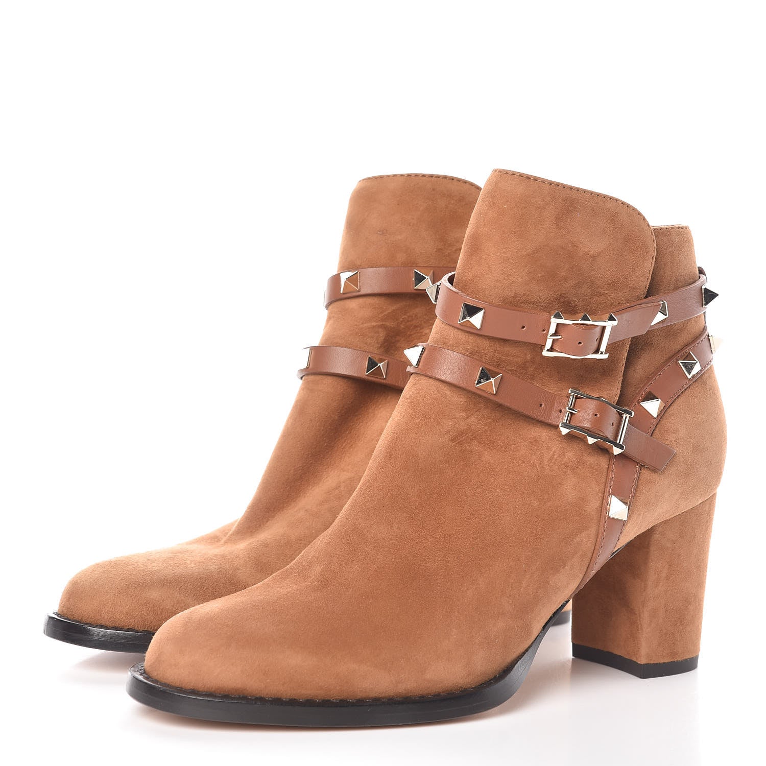 Valentino Garavani Suede Rockstud Double Buckle 70mm Block Heel Ankle Boots 36.5 Tobacco 3 of 8