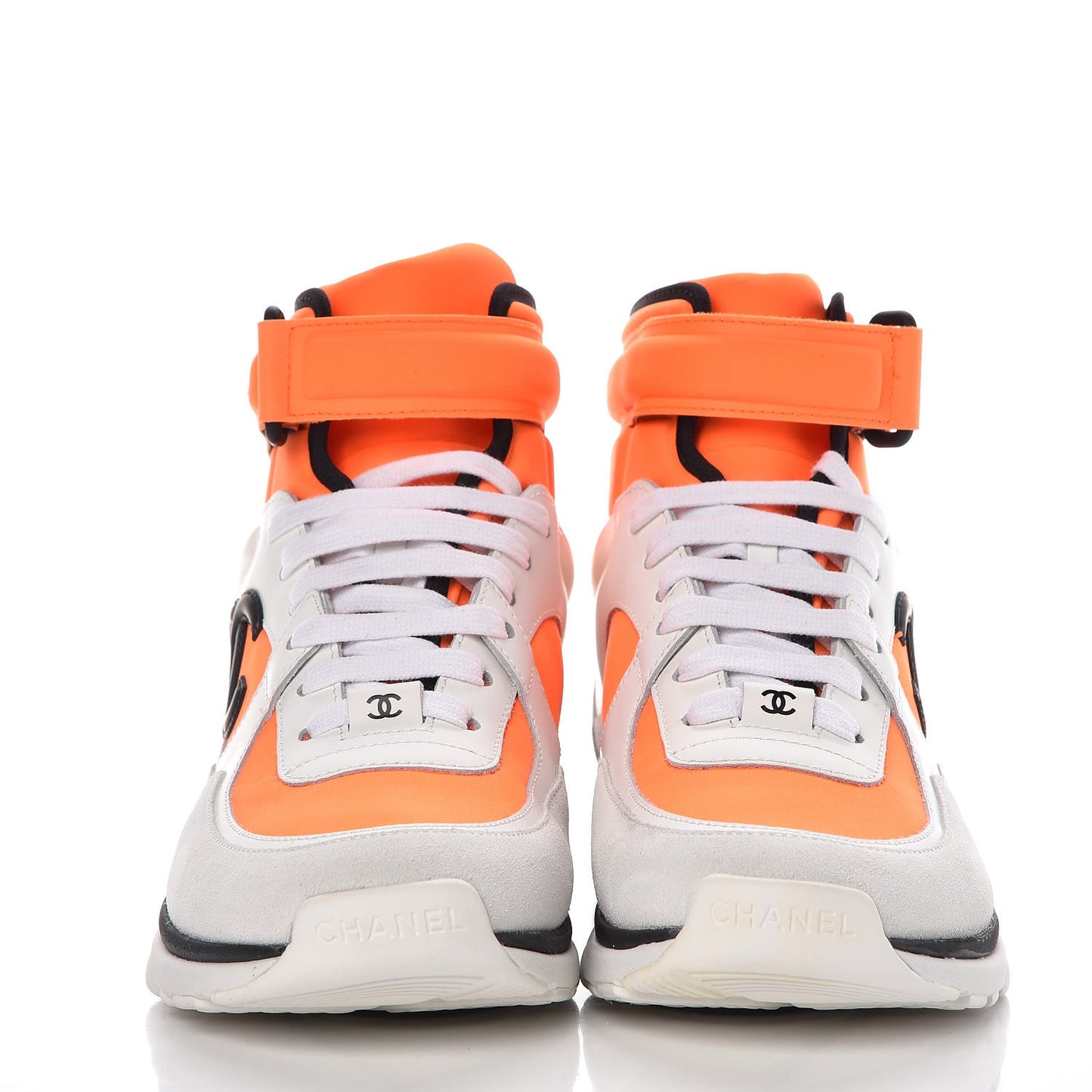 Suede Calfskin Lambskin Neoprene High Top CC Sneakers 37 White Fluo Orange