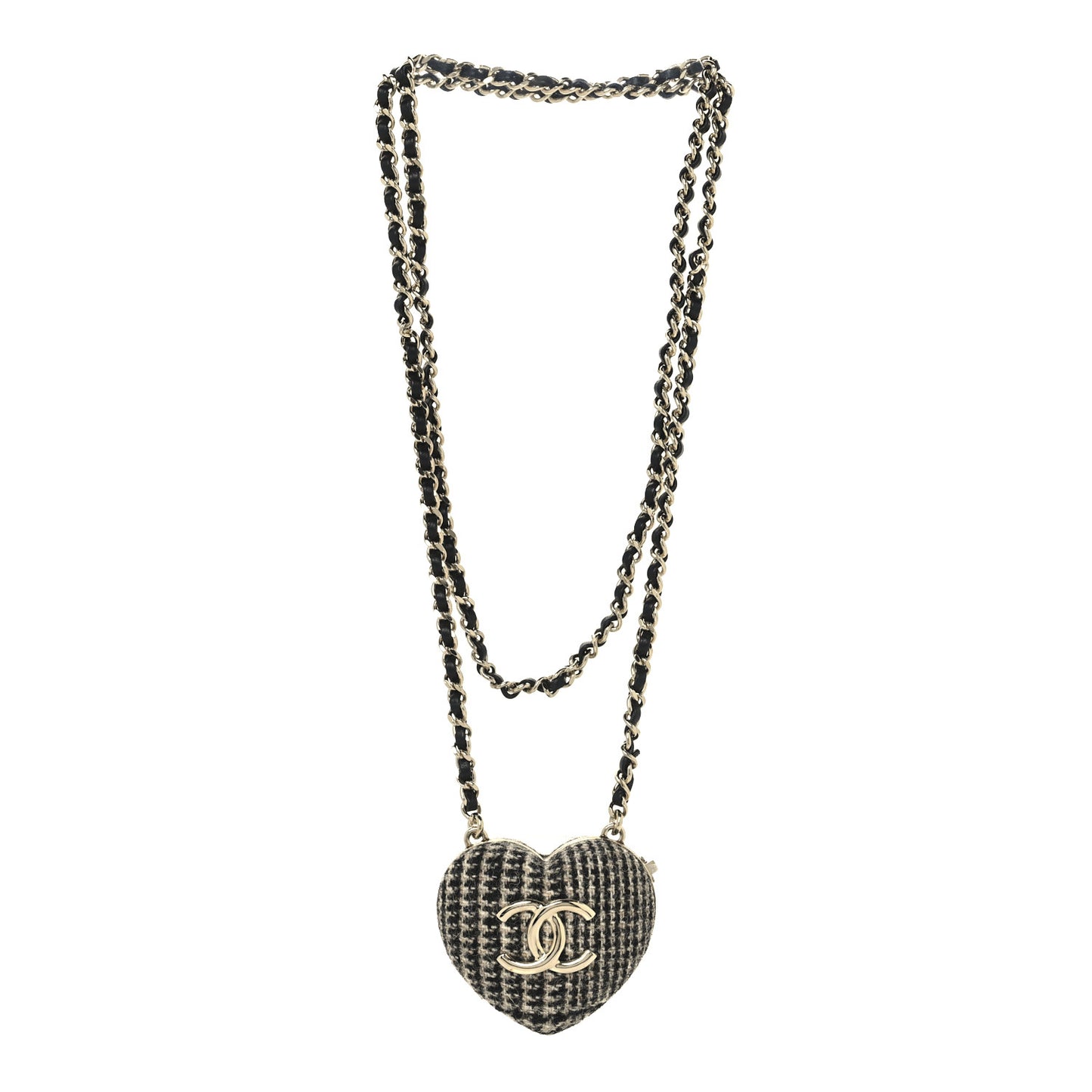 Tweed Lambskin CC Heart Locket Necklace Gold Black Beige