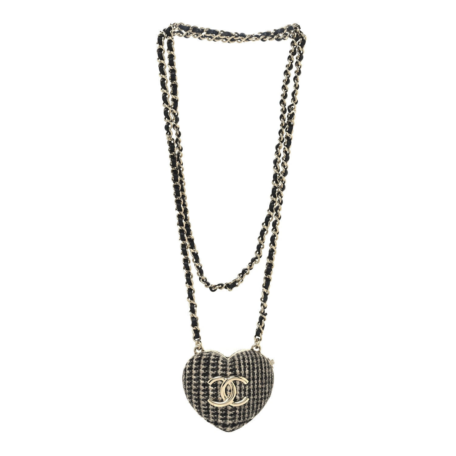 Chanel Tweed Lambskin CC Heart Locket Necklace Gold Black Beige 3 of 6