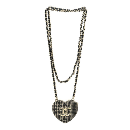 Chanel Tweed Lambskin CC Heart Locket Necklace Gold Black Beige 3 of 6