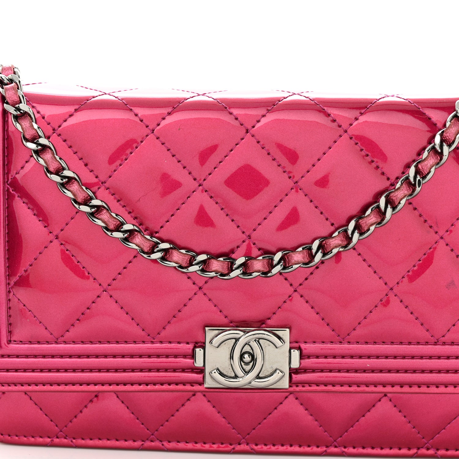 Chanel Metallic Patent Calfskin Quilted Boy Wallet on Chain WOC Fuchsia 9 of 16