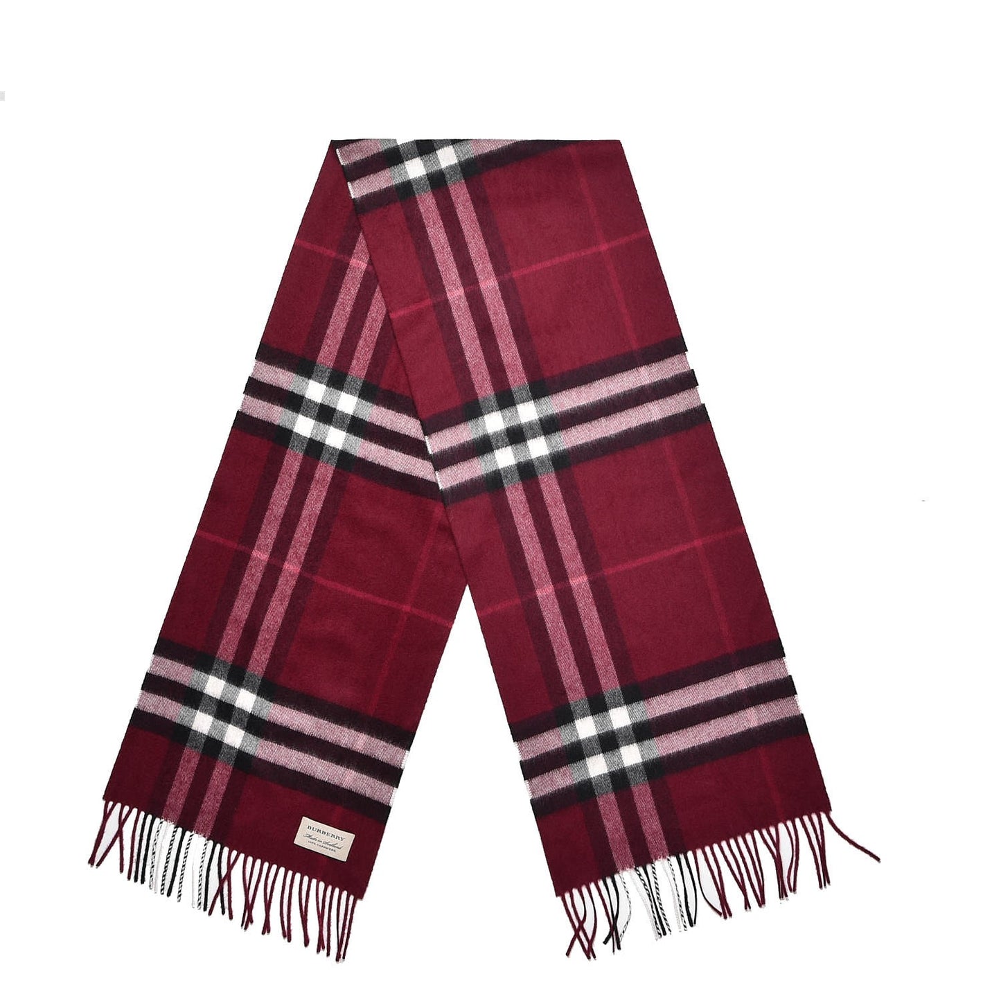 Cashmere Giant Check Fringe Scarf Plum