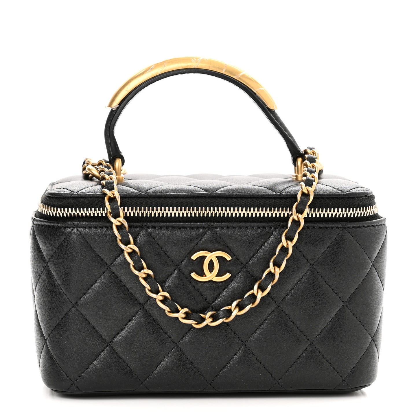Lambskin Quilted Metal Small Top Handle Vanity Case With Chain Black
