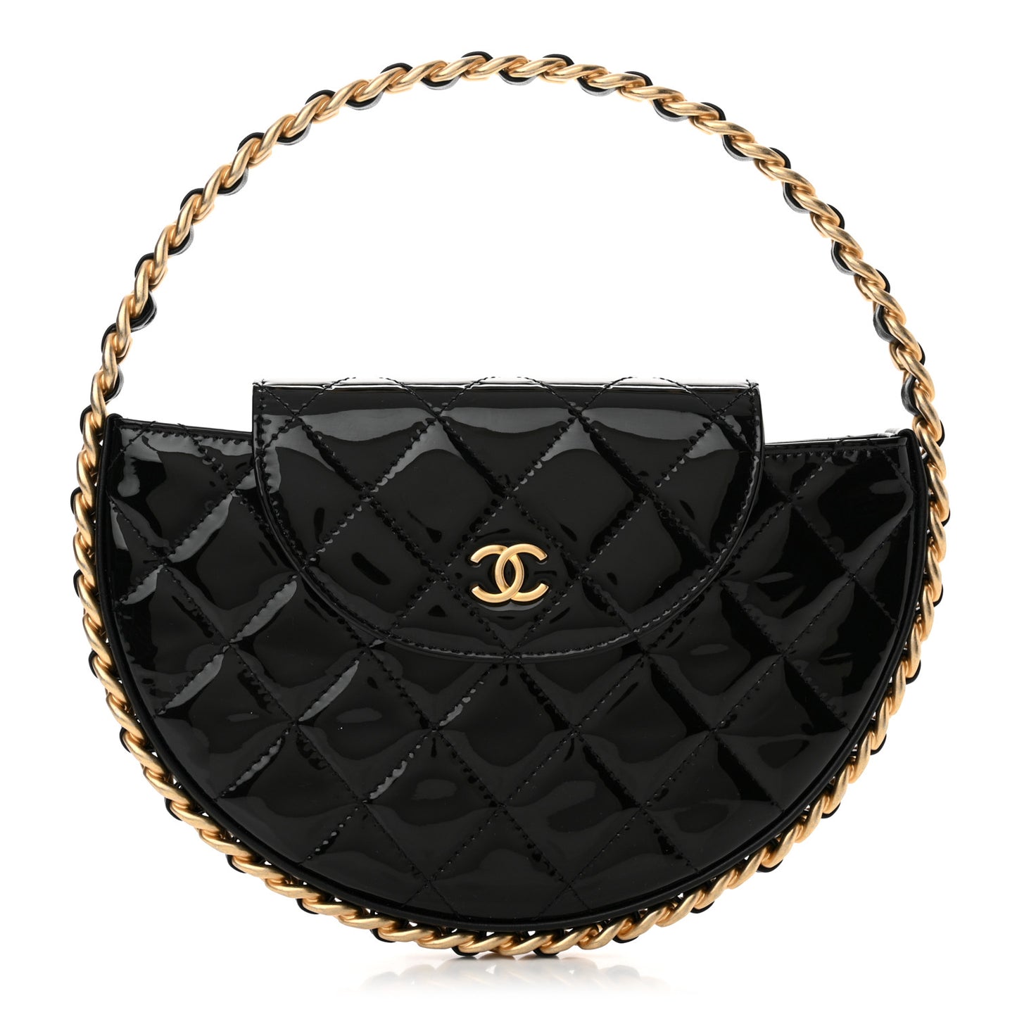 Patent Calfskin Quilted Chain Hoop Bag Black
